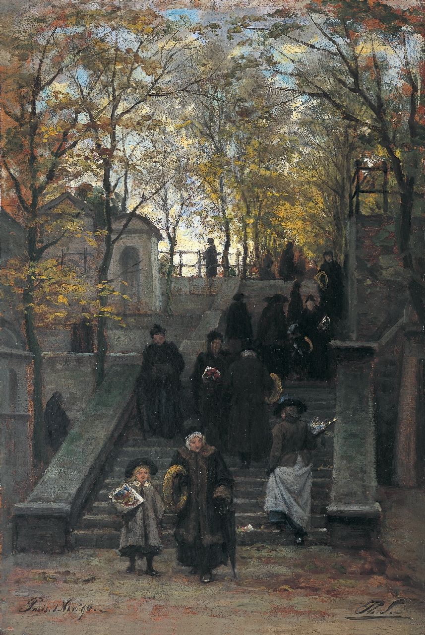 Sadée P.L.J.F. | Philip Lodewijk Jacob Frederik Sadée, Wandelaars op het Cimetière de Montmartre, Parijs, olieverf op papier op paneel 51,0 x 34,4 cm, gesigneerd rechtsonder met initialen en gedateerd 1 Nov. '90 Sadée P.L.J.F. | Philip Lodewijk Jacob Frederik Sadée, Wandelaars op het Cimetière de Montmartre, Parijs, olieverf op papier op paneel 51,0 x 34,4 cm, gesigneerd rechtsonder met initialen en gedateerd 1 Nov. '90