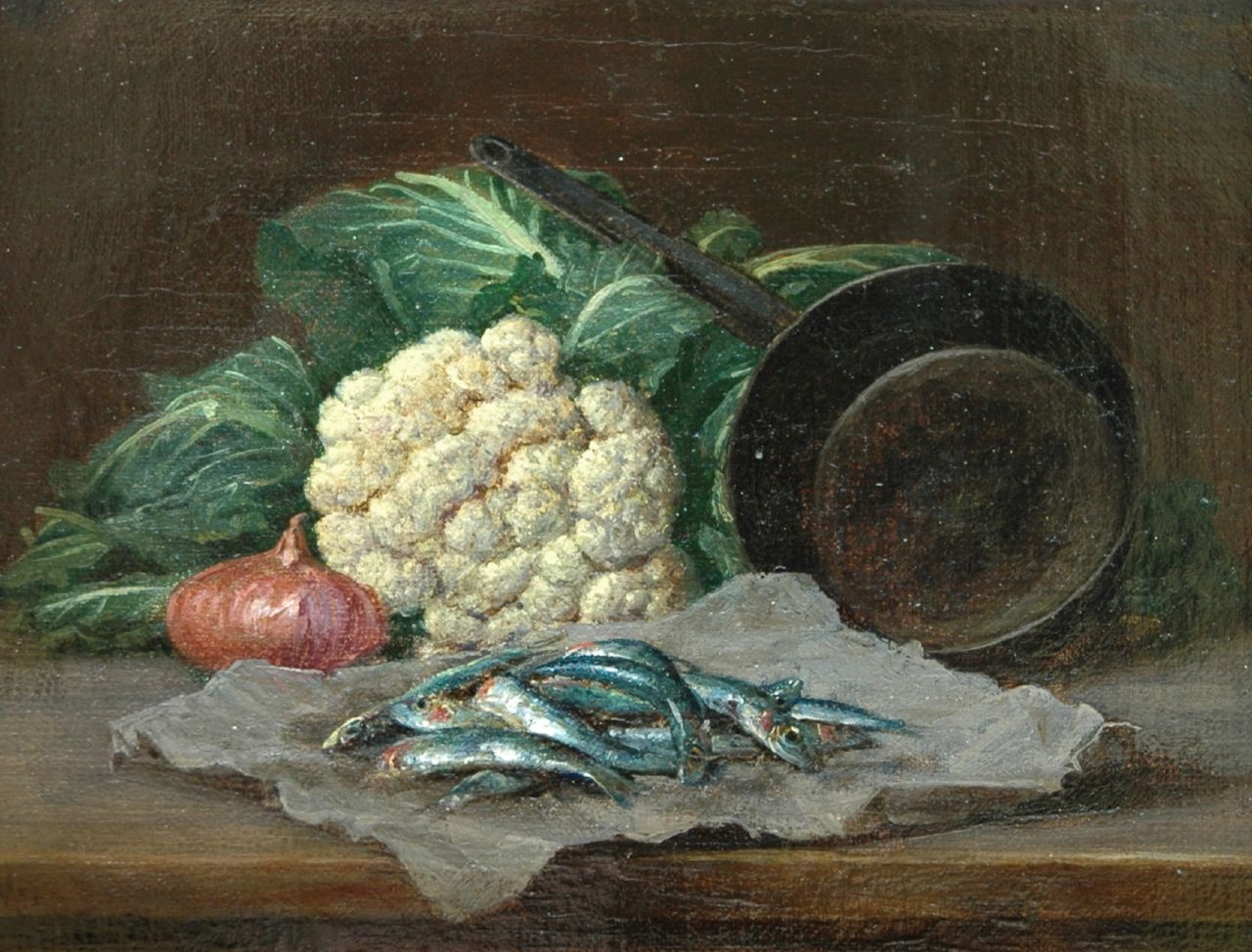 Duitse School, 19 eeuw | Duitse School, 19 eeuw, Stilleven met bloemkool en sardines, olieverf op doek 14,8 x 19,5 cm, gesigneerd linksonder met initialen 'D.N.' Duitse School, 19 eeuw | Duitse School, 19 eeuw, Stilleven met bloemkool en sardines, olieverf op doek 14,8 x 19,5 cm, gesigneerd linksonder met initialen 'D.N.'