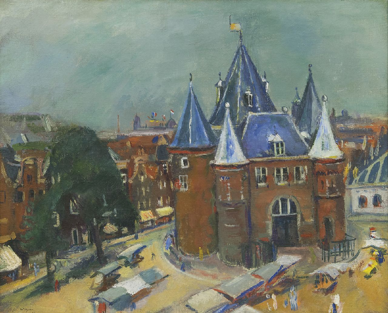 Wiegers J. | Jan Wiegers, Nieuwmarkt met de Waag, Amsterdam, olieverf op doek 45,3 x 55,3 cm, gesigneerd linksonder en gedateerd '35 Wiegers J. | Jan Wiegers, Nieuwmarkt met de Waag, Amsterdam, olieverf op doek 45,3 x 55,3 cm, gesigneerd linksonder en gedateerd '35