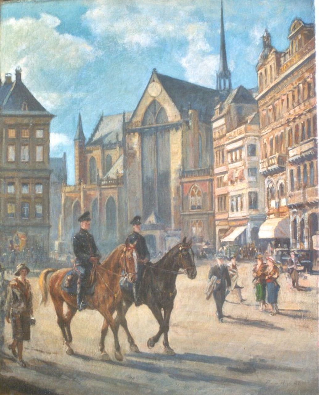 Haaren D.J. van | 'Dirk' Johannes van Haaren, Op de Dam, Amsterdam, olieverf op doek 60,8 x 47,4 cm, gesigneerd rechtsonder Haaren D.J. van | 'Dirk' Johannes van Haaren, Op de Dam, Amsterdam, olieverf op doek 60,8 x 47,4 cm, gesigneerd rechtsonder