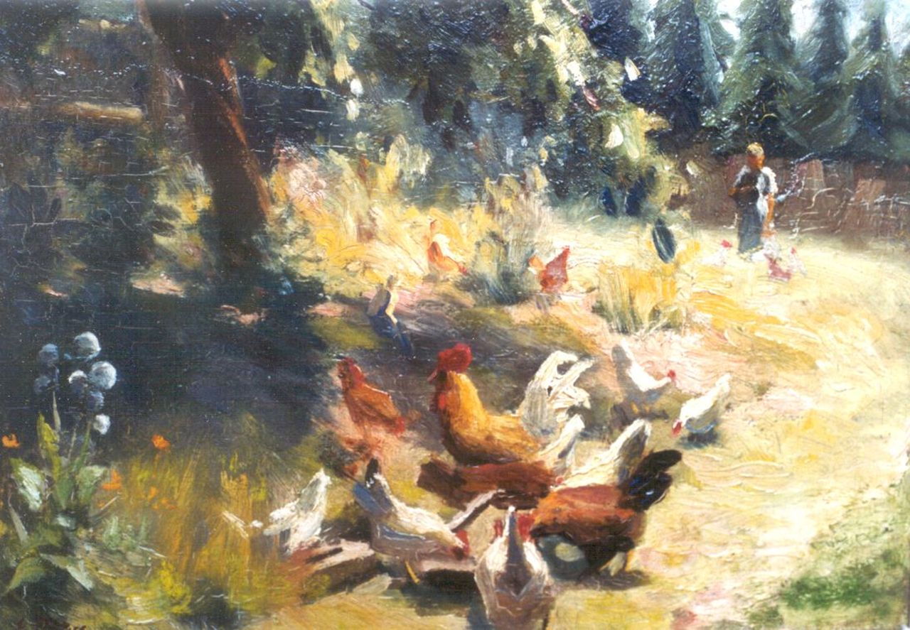 Pieters E.  | Evert Pieters, Kippen in een boomgaard, olieverf op board 26,7 x 35,3 cm, gesigneerd linksonder