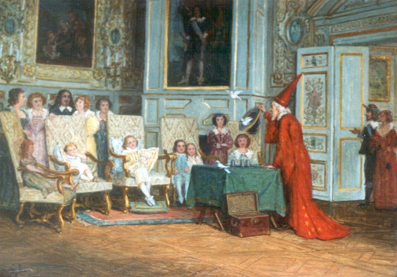 Bettinger G.P.M. | 'Gustave' Paul Marie Bettinger, Een goochelaar optredend voor de Franse Dauphin in Fontainebleau, olieverf op schilderskarton 23,9 x 32,8 cm, gesigneerd linksonder met initialen Bettinger G.P.M. | 'Gustave' Paul Marie Bettinger, Een goochelaar optredend voor de Franse Dauphin in Fontainebleau, olieverf op schilderskarton 23,9 x 32,8 cm, gesigneerd linksonder met initialen