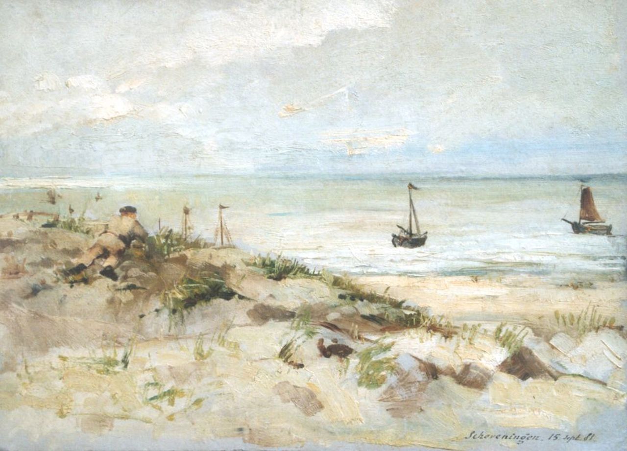 Bettinger G.P.M.  | 'Gustave' Paul Marie Bettinger, Jongen op een duintop, Scheveningen, olieverf op schilderskarton 23,9 x 32,7 cm, gedateerd 'Scheveningen 15 sept. 81'