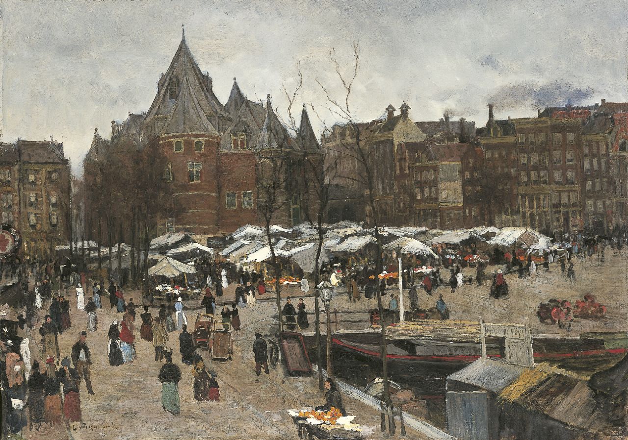 Poggenbeek G.J.H.  | George Jan Hendrik 'Geo' Poggenbeek, Marktdag op de Nieuwmarkt, Amsterdam, olieverf op doek 53,9 x 76,6 cm, gesigneerd linksonder