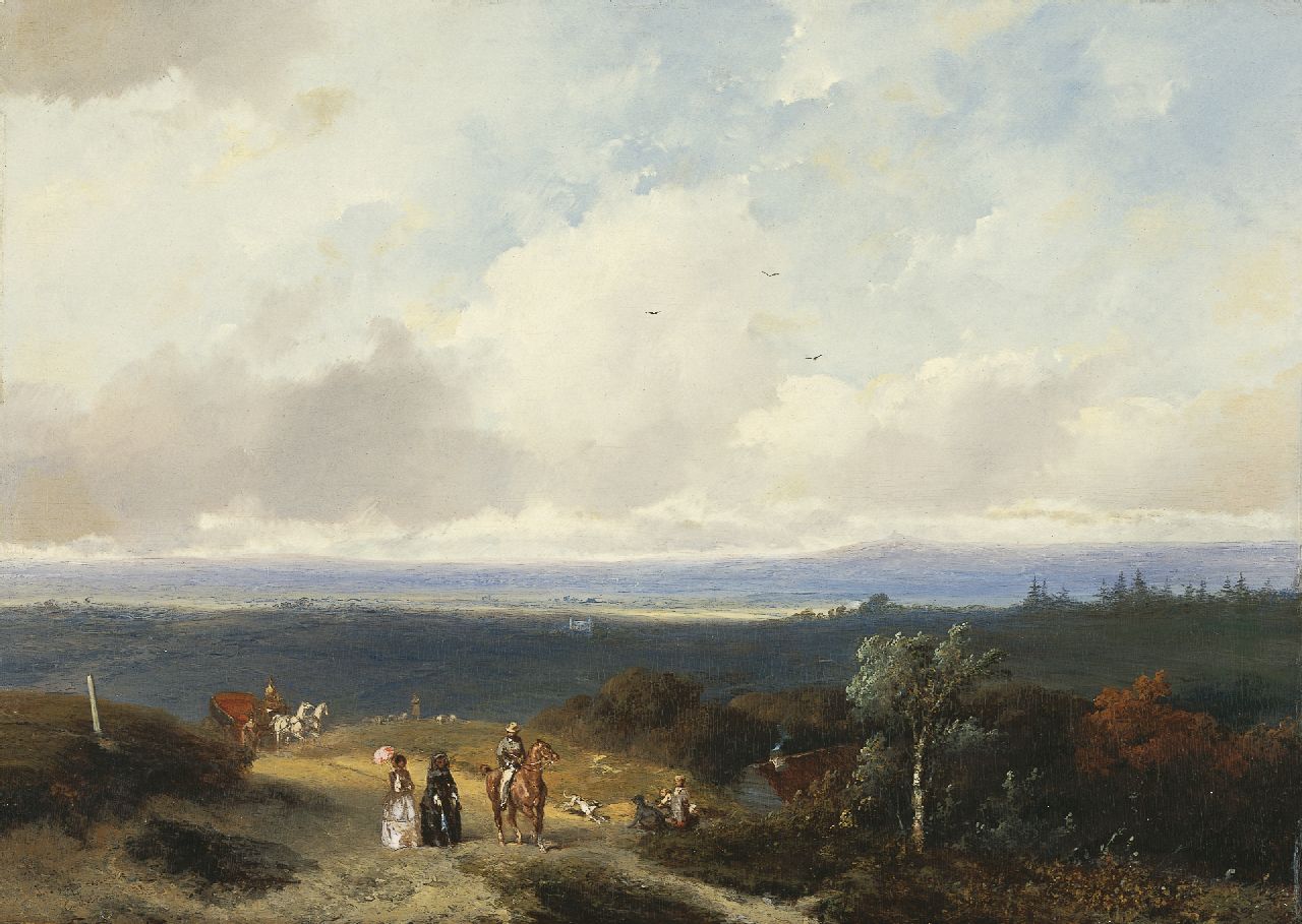 Hoppenbrouwers J.F.  | Johannes Franciscus Hoppenbrouwers, Elegant gezelschap in het landschap van Montferland, Gelderland, olieverf op paneel 37,0 x 52,0 cm, gesigneerd linksonder (door beide schilders)