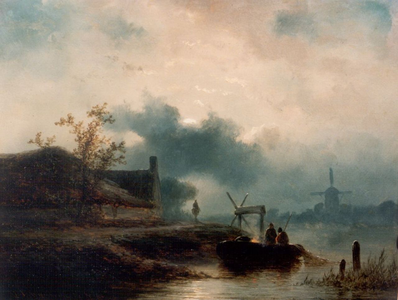 Hoppenbrouwers J.F.  | Johannes Franciscus Hoppenbrouwers, Vissers op een rivier bij maanlicht, olieverf op paneel 18,0 x 23,5 cm, gesigneerd linksonder en gedateerd '56