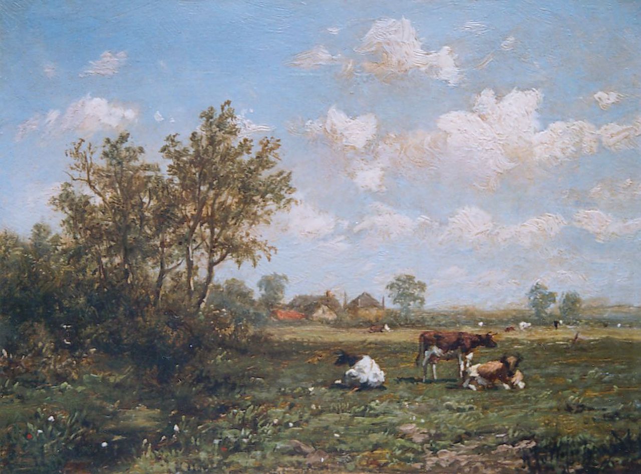 Wijngaerdt A.J. van | Anthonie Jacobus van Wijngaerdt, Koeien in zomers landschap, olieverf op paneel 11,4 x 15,4 cm, gesigneerd rechtsonder Wijngaerdt A.J. van | Anthonie Jacobus van Wijngaerdt, Koeien in zomers landschap, olieverf op paneel 11,4 x 15,4 cm, gesigneerd rechtsonder