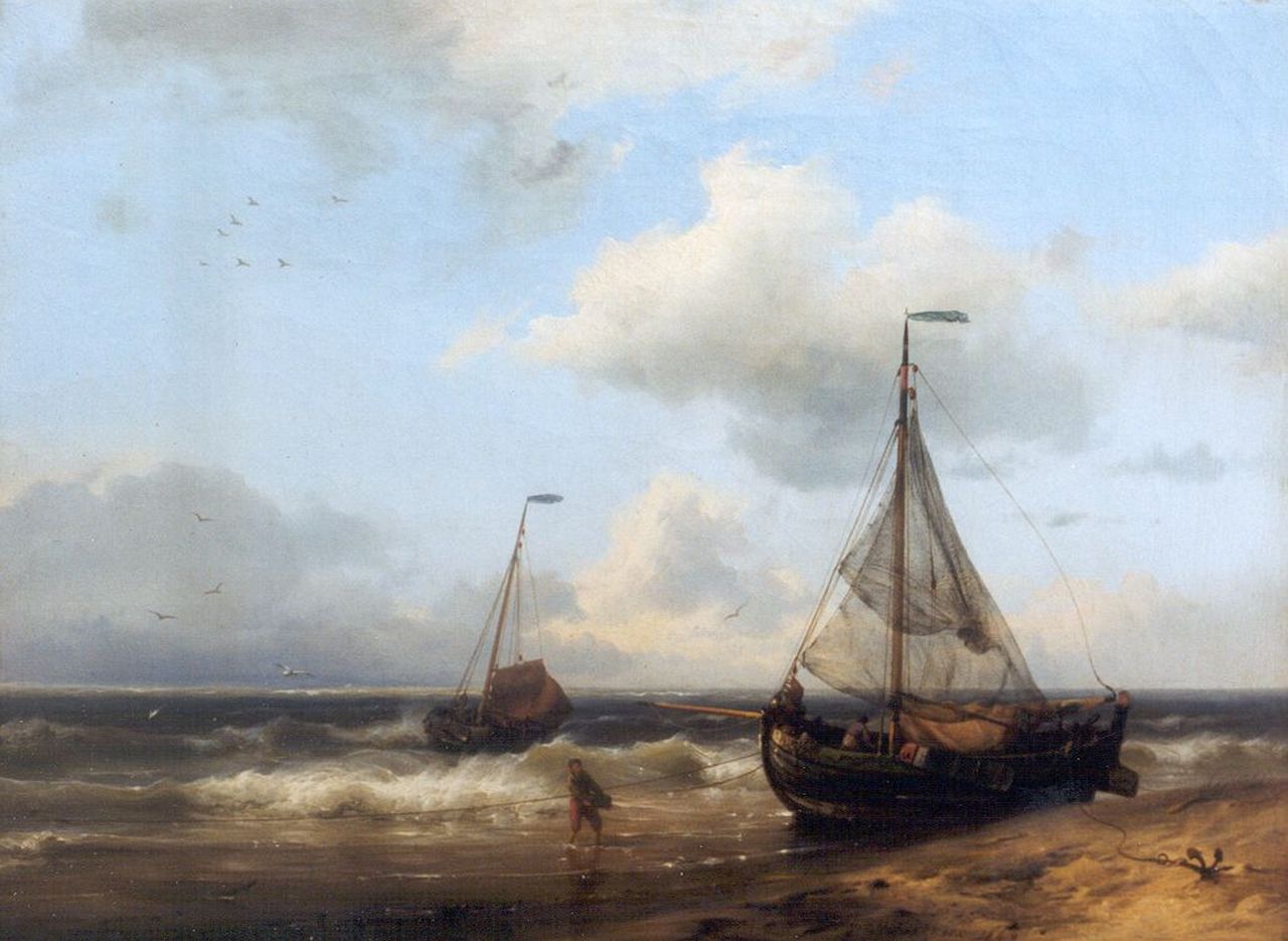 Koekkoek H. | Hermanus Koekkoek, Kustlandschap met twee vissersschepen, olieverf op doek 24,0 x 32,4 cm, gesigneerd rechtsonder en gedateerd 1849 Koekkoek H. | Hermanus Koekkoek, Kustlandschap met twee vissersschepen, olieverf op doek 24,0 x 32,4 cm, gesigneerd rechtsonder en gedateerd 1849
