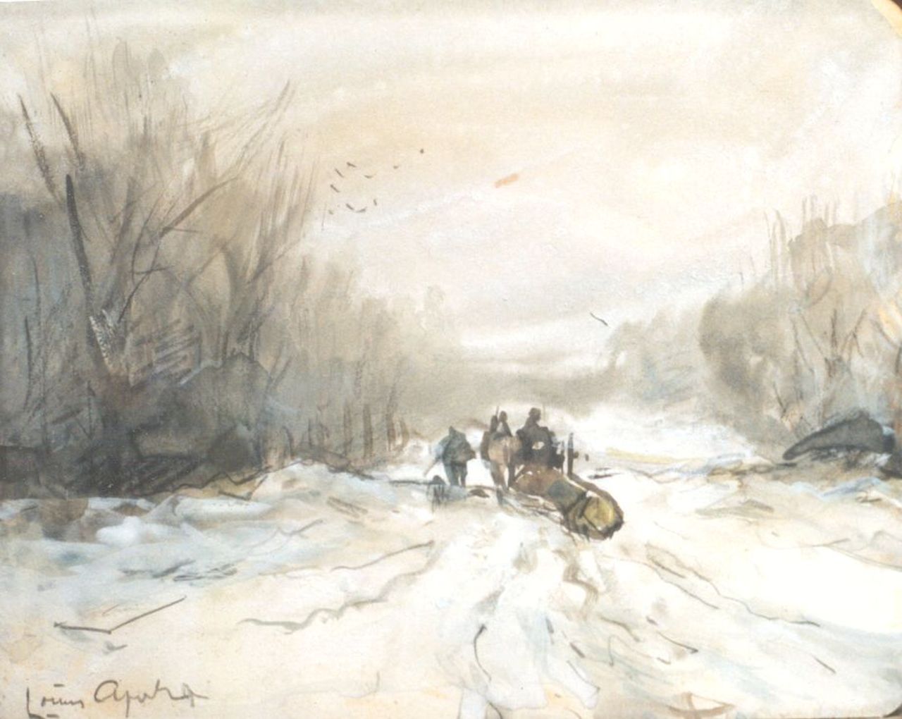 Apol L.F.H. | Lodewijk Franciscus Hendrik 'Louis' Apol, Mallejan in een winters bos, zwart krijt, aquarel en gouache op papier 10,9 x 13,8 cm, gesigneerd linksonder Apol L.F.H. | Lodewijk Franciscus Hendrik 'Louis' Apol, Mallejan in een winters bos, zwart krijt, aquarel en gouache op papier 10,9 x 13,8 cm, gesigneerd linksonder