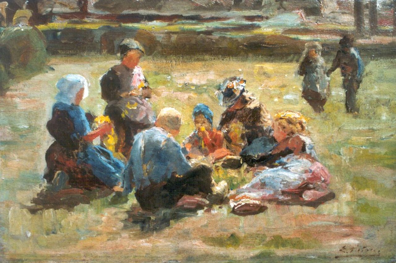 Pieters E.  | Evert Pieters, Bloemenkransen weven, olieverf op doek 40,2 x 60,2 cm, gesigneerd rechtsonder