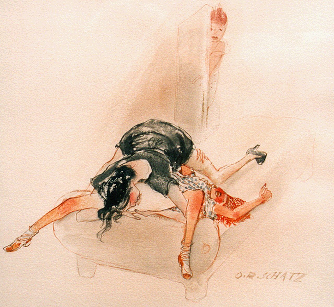 Schatz O.R.  | Otto Rudolf Schatz, Erotische scene, aquarel op papier 29,0 x 27,0 cm, gesigneerd linksonder