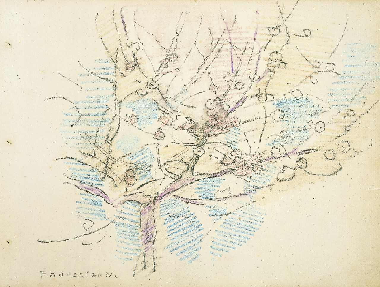 Mondriaan P.C. | Pieter Cornelis 'Piet' Mondriaan, Bloeiende appelboom, kleurpotlood op papier 19,0 x 25,0 cm, gesigneerd linksonder en te dateren ca. 1917 Mondriaan P.C. | Pieter Cornelis 'Piet' Mondriaan, Bloeiende appelboom, kleurpotlood op papier 19,0 x 25,0 cm, gesigneerd linksonder en te dateren ca. 1917