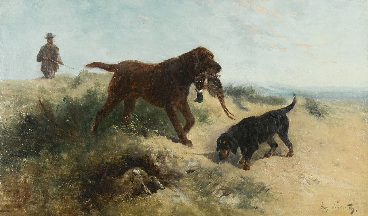 Henry Schouten | Jager met honden in de duinen, olieverf op doek, 43,0 x 72,9 cm, gesigneerd r.o.