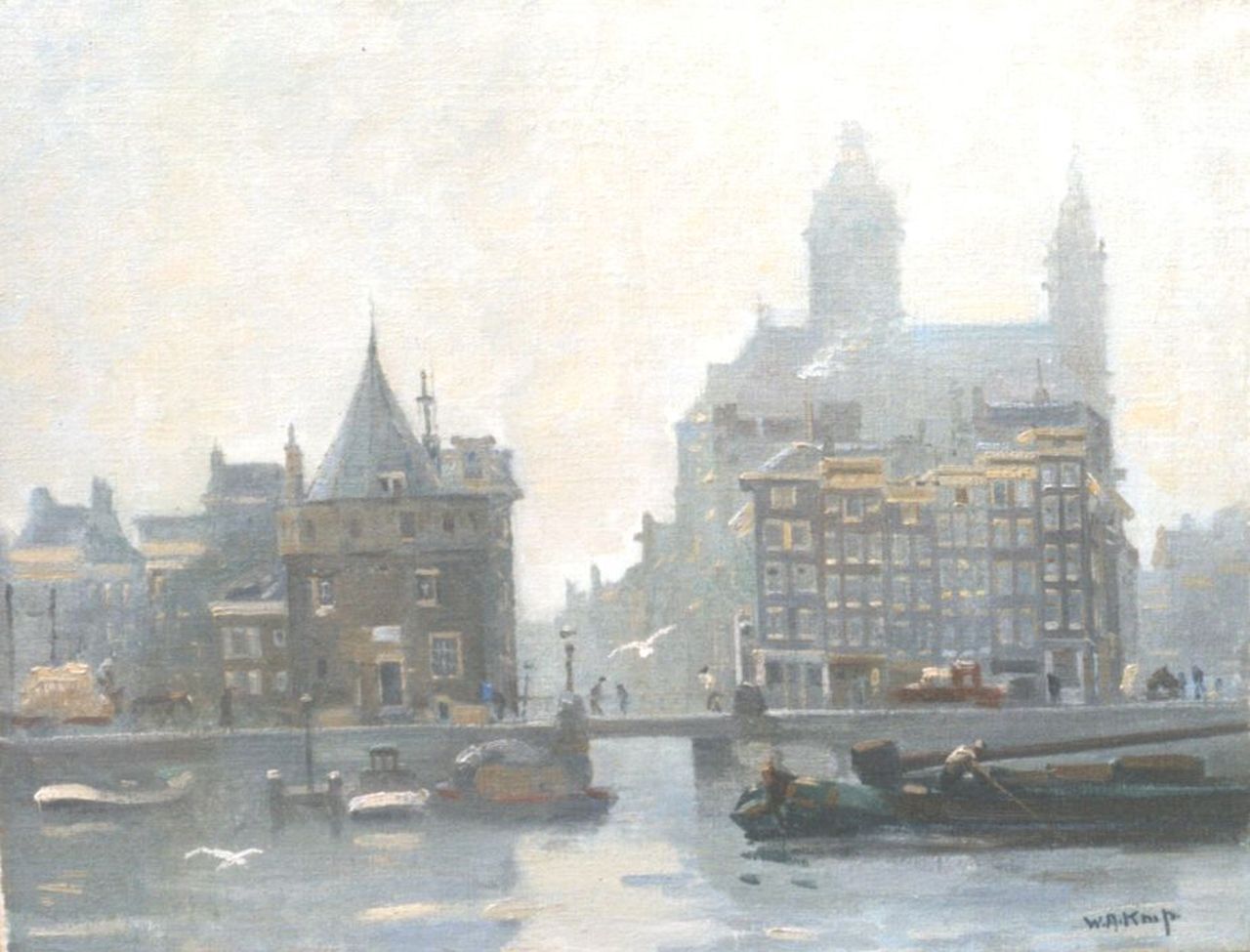 Knip W.A. | 'Willem' Alexander Knip, Prins Hendrikkade met de Schreierstoren te Amsterdam, olieverf op doek 40,3 x 50,4 cm, gesigneerd rechtsonder Knip W.A. | 'Willem' Alexander Knip, Prins Hendrikkade met de Schreierstoren te Amsterdam, olieverf op doek 40,3 x 50,4 cm, gesigneerd rechtsonder
