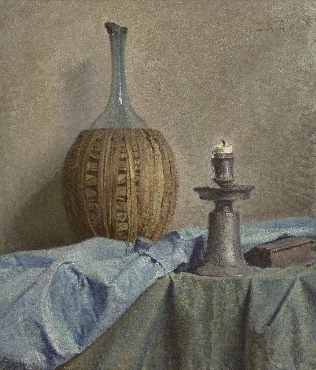 Komter D. | Douwe Komter, Stilleven met Chiantifles en tinnen kandelaar, olieverf op schildersboard 53,9 x 45,9 cm, gesigneerd rechtsboven met initialen en gedateerd '40 Komter D. | Douwe Komter, Stilleven met Chiantifles en tinnen kandelaar, olieverf op schildersboard 53,9 x 45,9 cm, gesigneerd rechtsboven met initialen en gedateerd '40