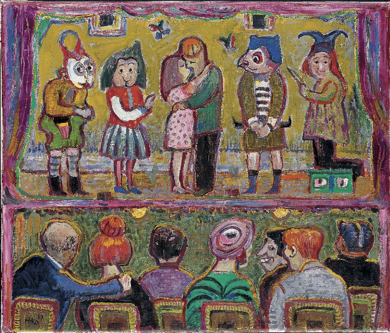 Kamerlingh Onnes H.H. | 'Harm' Henrick Kamerlingh Onnes, De toneelvoorstelling, olieverf op doek 46,4 x 54,3 cm, gesigneerd linksonder met monogram en gedateerd '67 Kamerlingh Onnes H.H. | 'Harm' Henrick Kamerlingh Onnes, De toneelvoorstelling, olieverf op doek 46,4 x 54,3 cm, gesigneerd linksonder met monogram en gedateerd '67