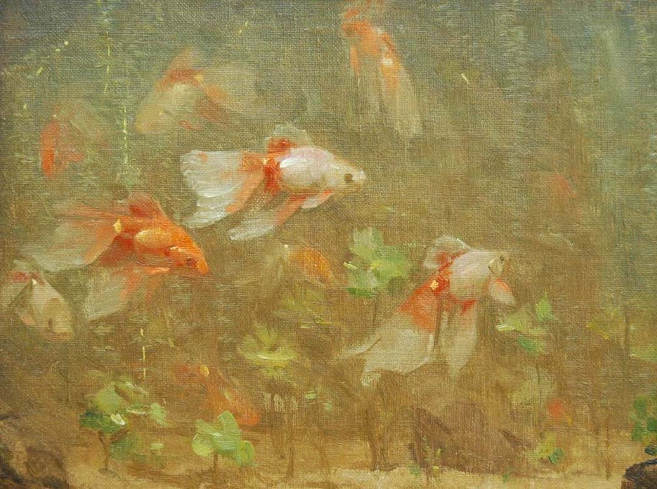 Dijsselhof G.W.  | Gerrit Willem Dijsselhof, Sluierstaartvissen, olieverf op doek 18,7 x 24,3 cm, gesigneerd linksonder met monogram