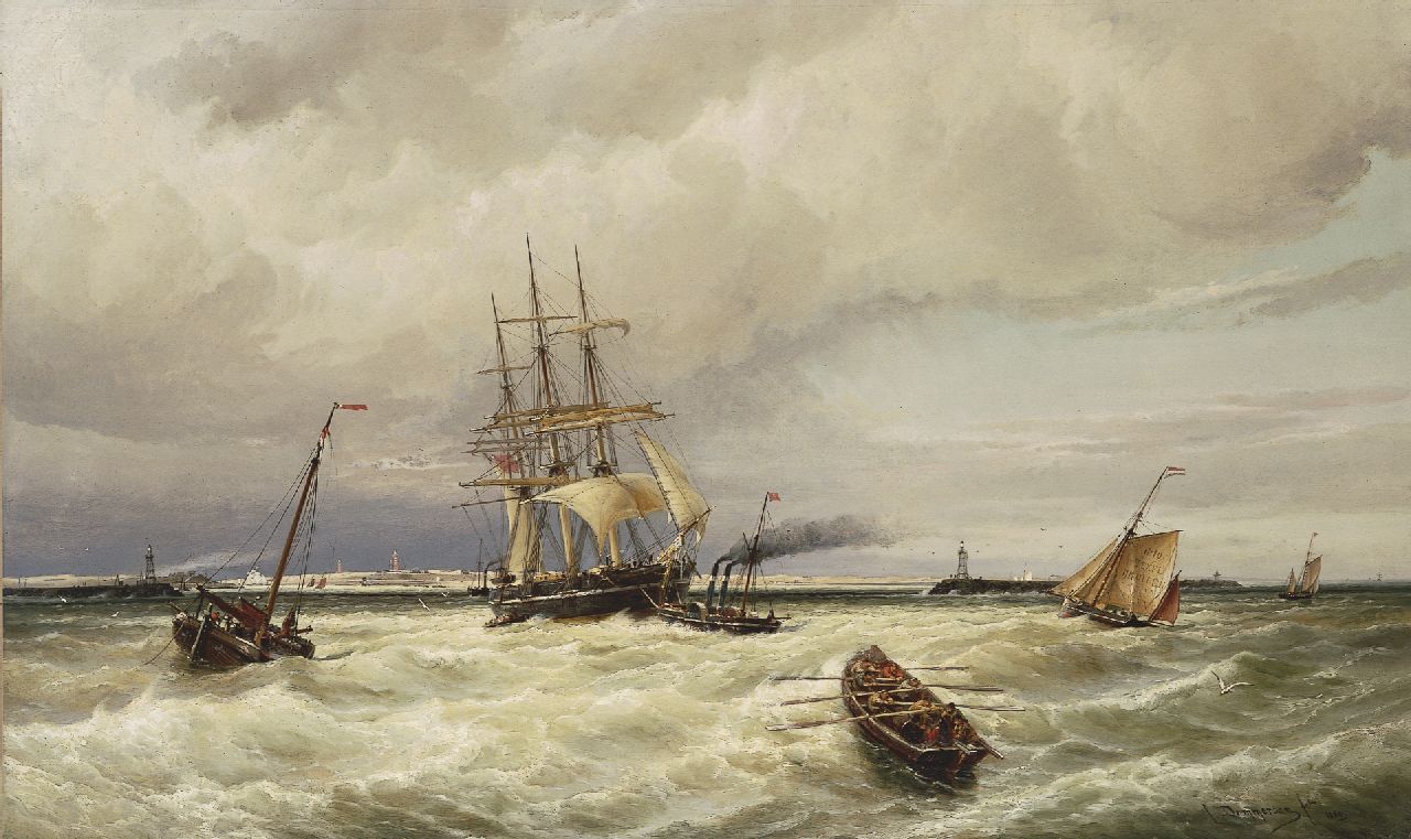 Dommelshuizen C.C. | Cornelis Christiaan Dommelshuizen, Schepen bij de haveningang van IJmuiden, olieverf op doek 76,9 x 127,0 cm, gesigneerd rechtsonder en gedateerd 1880 Dommelshuizen C.C. | Cornelis Christiaan Dommelshuizen, Schepen bij de haveningang van IJmuiden, olieverf op doek 76,9 x 127,0 cm, gesigneerd rechtsonder en gedateerd 1880