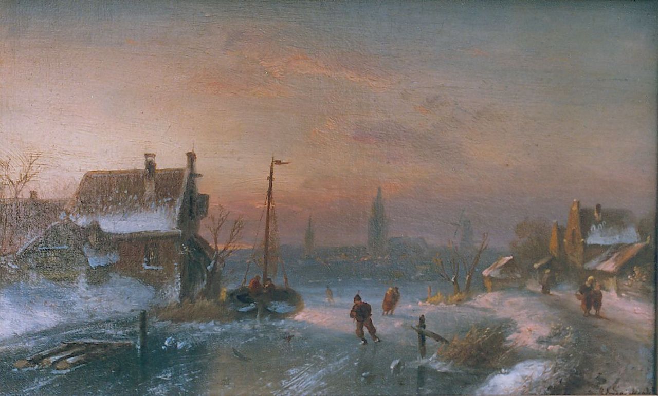 Leickert C.H.J.  | 'Charles' Henri Joseph Leickert, Bevroren vaart met schaatsers, olieverf op doek op schildersboard 21,2 x 33,3 cm, gesigneerd rechtsonder