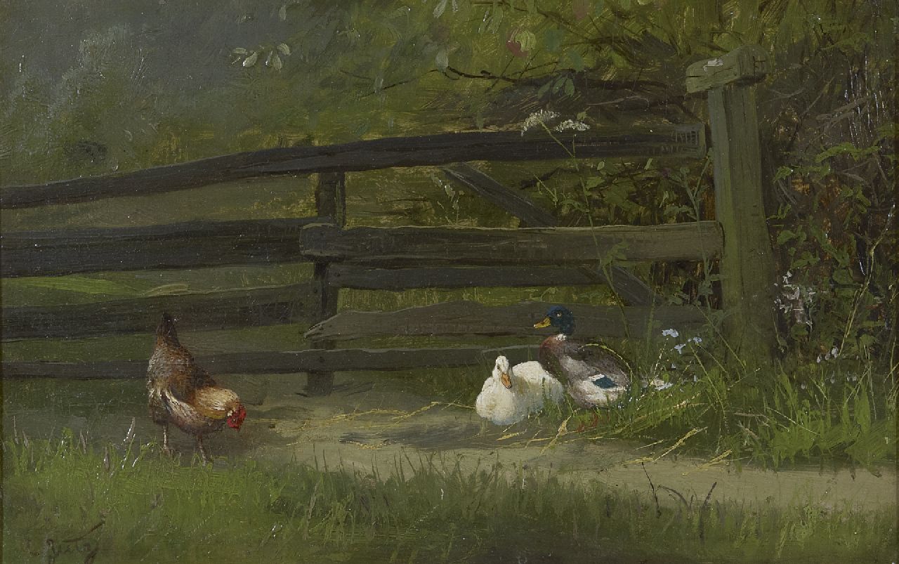Carl Jutz | Kip en eenden bij een tuinhek, olieverf op papier op paneel, 21,6 x 32,1 cm, gesigneerd l.o. en zonder lijst Carl Jutz | Kip en eenden bij een tuinhek, olieverf op papier op paneel, 21,6 x 32,1 cm, gesigneerd l.o. en zonder lijst
