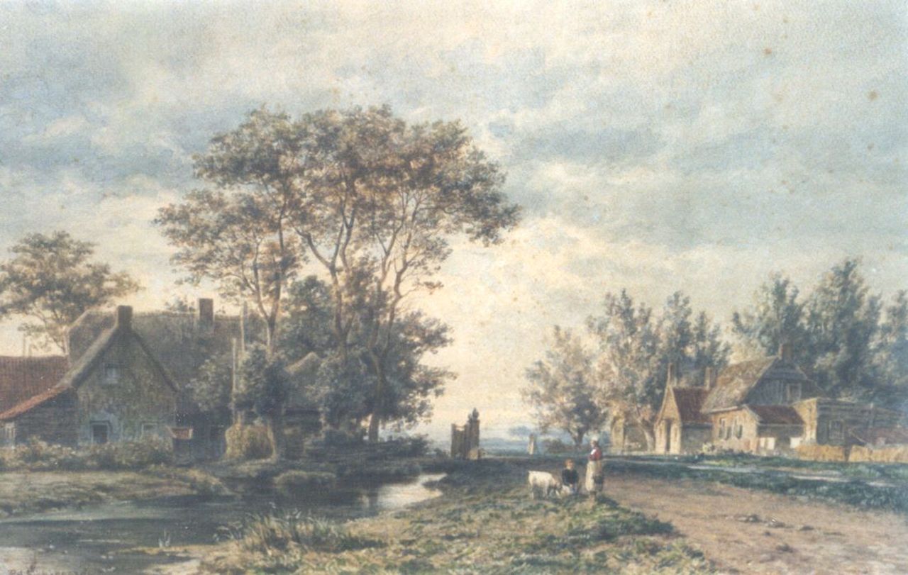 Schipperus P.A. | Pieter Adrianus 'Piet' Schipperus, Landweg met boerderijen, aquarel op papier 34,8 x 52,0 cm, gesigneerd linksonder Schipperus P.A. | Pieter Adrianus 'Piet' Schipperus, Landweg met boerderijen, aquarel op papier 34,8 x 52,0 cm, gesigneerd linksonder