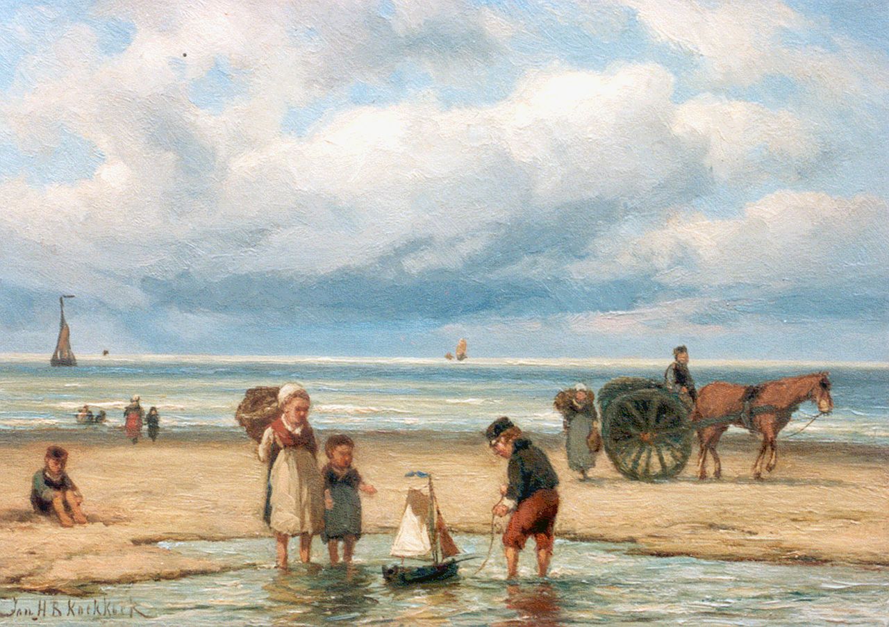 Koekkoek J.H.B. | Johannes Hermanus Barend 'Jan H.B.' Koekkoek, Spelevaren op het strand, olieverf op doek 24,6 x 34,2 cm, gesigneerd linksonder Koekkoek J.H.B. | Johannes Hermanus Barend 'Jan H.B.' Koekkoek, Spelevaren op het strand, olieverf op doek 24,6 x 34,2 cm, gesigneerd linksonder
