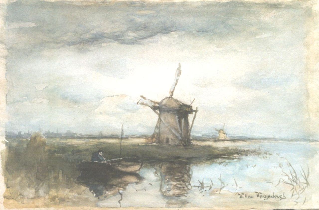 Weissenbruch W.J. | 'Willem' Johannes Weissenbruch, Polderlandschap met molen en vissersschuit, aquarel op papier 19,2 x 29,5 cm, gesigneerd rechtsonder Weissenbruch W.J. | 'Willem' Johannes Weissenbruch, Polderlandschap met molen en vissersschuit, aquarel op papier 19,2 x 29,5 cm, gesigneerd rechtsonder