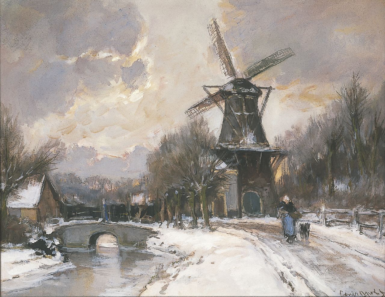 Apol L.F.H.  | Lodewijk Franciscus Hendrik 'Louis' Apol, De Korenmolen op de Parkweg, Voorburg, aquarel en gouache op papier 43,0 x 54,2 cm, gesigneerd rechtsonder