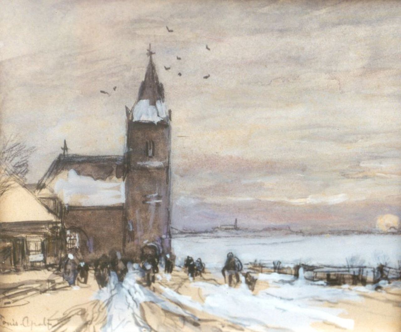 Apol L.F.H. | Lodewijk Franciscus Hendrik 'Louis' Apol, Kerkgang in de sneeuw, aquarel op papier 13,1 x 15,2 cm, gesigneerd linksonder Apol L.F.H. | Lodewijk Franciscus Hendrik 'Louis' Apol, Kerkgang in de sneeuw, aquarel op papier 13,1 x 15,2 cm, gesigneerd linksonder