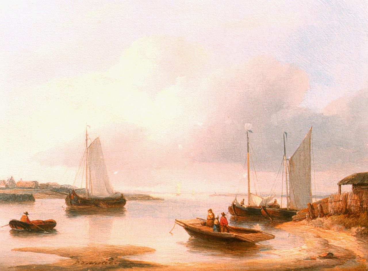 Schotel P.J.  | Petrus Johannes Schotel, Riviergezicht met overzetveer en zeilboten, olieverf op paneel 14,9 x 20,0 cm, gesigneerd links van het midden.