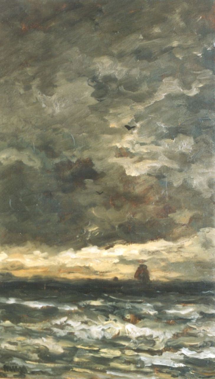 Mesdag H.W. | Hendrik Willem Mesdag, Zee bij avondlicht, olieverf op paneel 55,3 x 32,4 cm, gesigneerd linksonder met initialen Mesdag H.W. | Hendrik Willem Mesdag, Zee bij avondlicht, olieverf op paneel 55,3 x 32,4 cm, gesigneerd linksonder met initialen