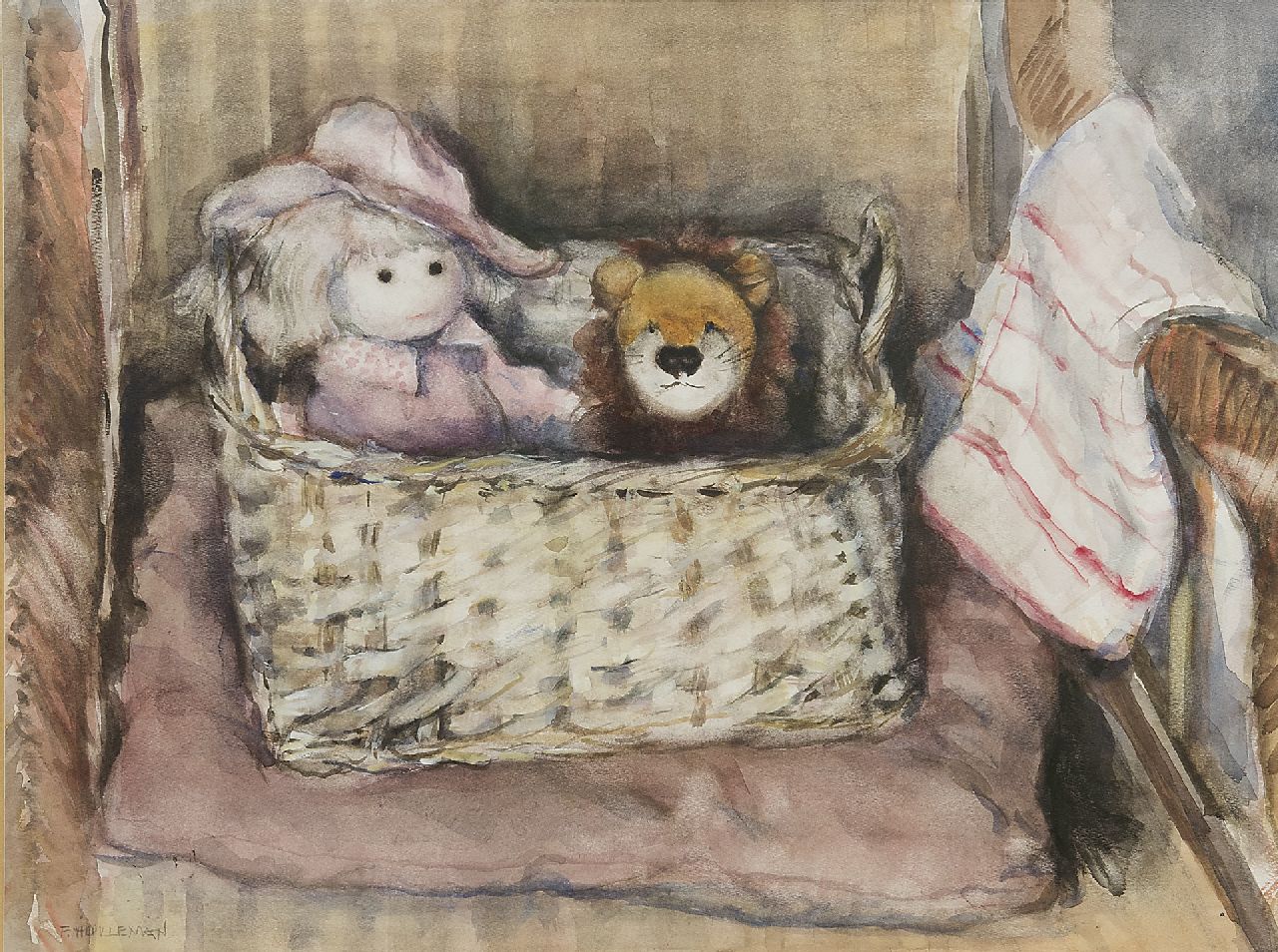 Holleman F.  | Frida Holleman | Aquarellen en tekeningen te koop aangeboden | De poppenmand, aquarel op papier 35,5 x 47,0 cm, gesigneerd linksonder