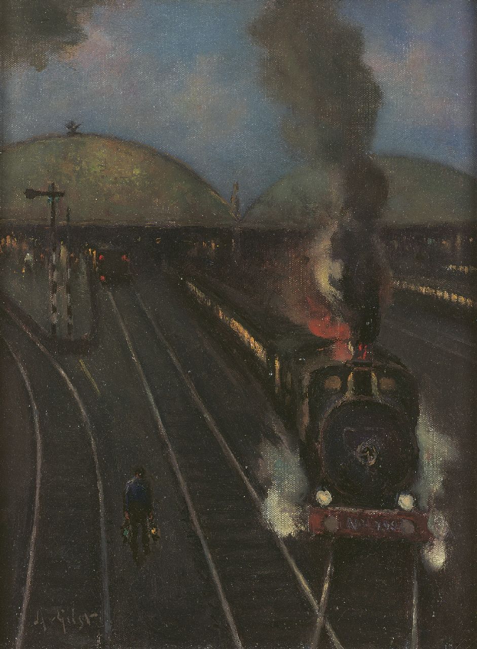 Arnout van Gilst | Stoomtrein bij het station van Amsterdam, olieverf op doek, 40,4 x 30,2 cm, gesigneerd l.o.