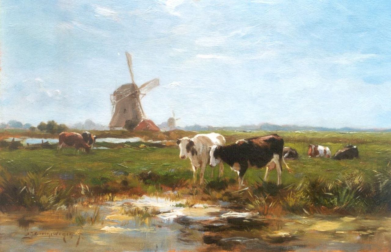 Groenewegen A.J. | Adrianus Johannes Groenewegen, Koeien langs de waterkant, olieverf op doek 31,5 x 45,4 cm, gesigneerd linksonder Groenewegen A.J. | Adrianus Johannes Groenewegen, Koeien langs de waterkant, olieverf op doek 31,5 x 45,4 cm, gesigneerd linksonder