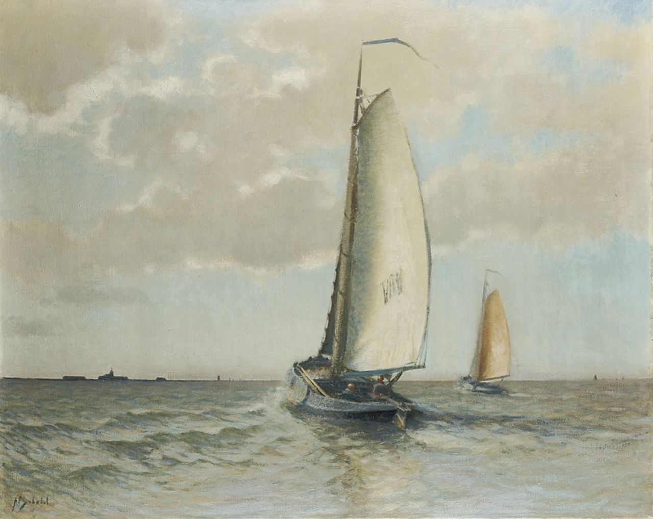 Schotel A.P. | Anthonie Pieter Schotel, Volendamse botter op de Zuiderzee bij Marken, olieverf op doek 80,3 x 100,5 cm, gesigneerd linksonder Schotel A.P. | Anthonie Pieter Schotel, Volendamse botter op de Zuiderzee bij Marken, olieverf op doek 80,3 x 100,5 cm, gesigneerd linksonder