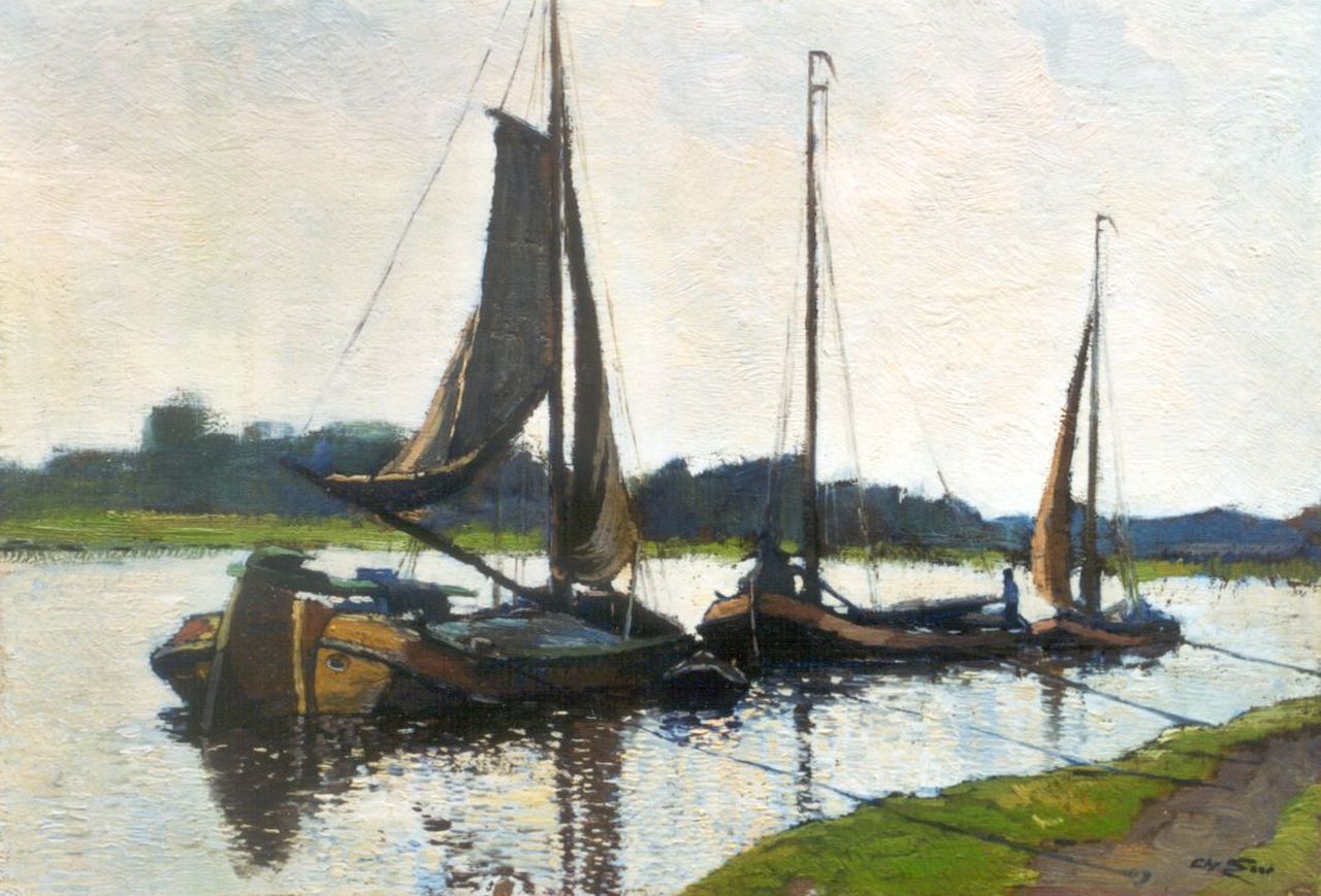 Soer C.  | Christiaan 'Chris' Soer, Afgemeerde platbodems bij avondlicht, olieverf op doek op paneel 30,2 x 40,1 cm, gesigneerd rechtsonder