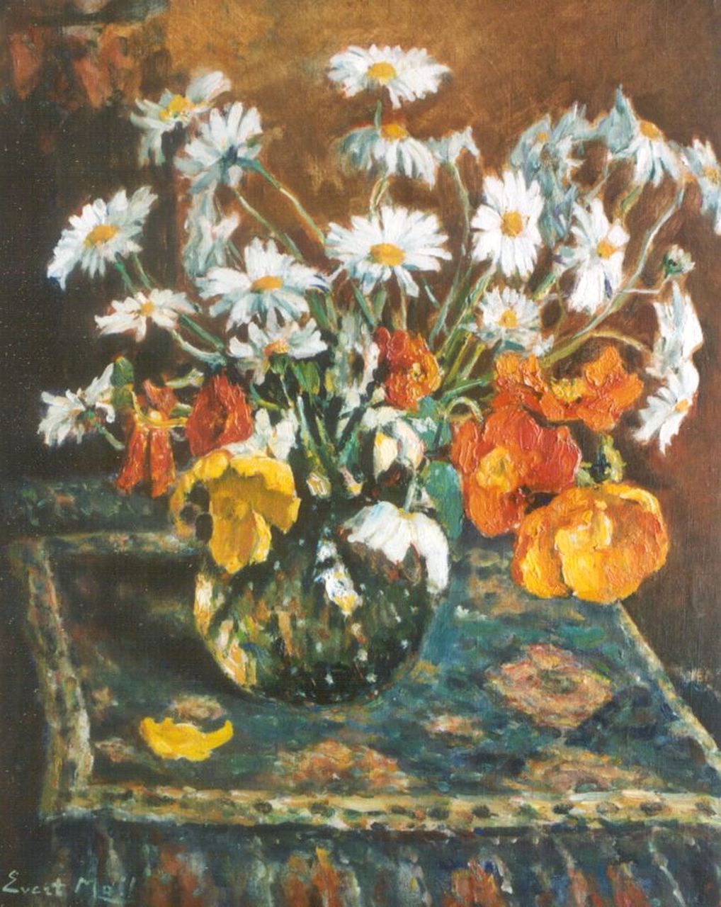 Moll E. | Evert Moll, Margrieten en tulpen, olieverf op doek 70,0 x 59,8 cm, gesigneerd linksonder Moll E. | Evert Moll, Margrieten en tulpen, olieverf op doek 70,0 x 59,8 cm, gesigneerd linksonder