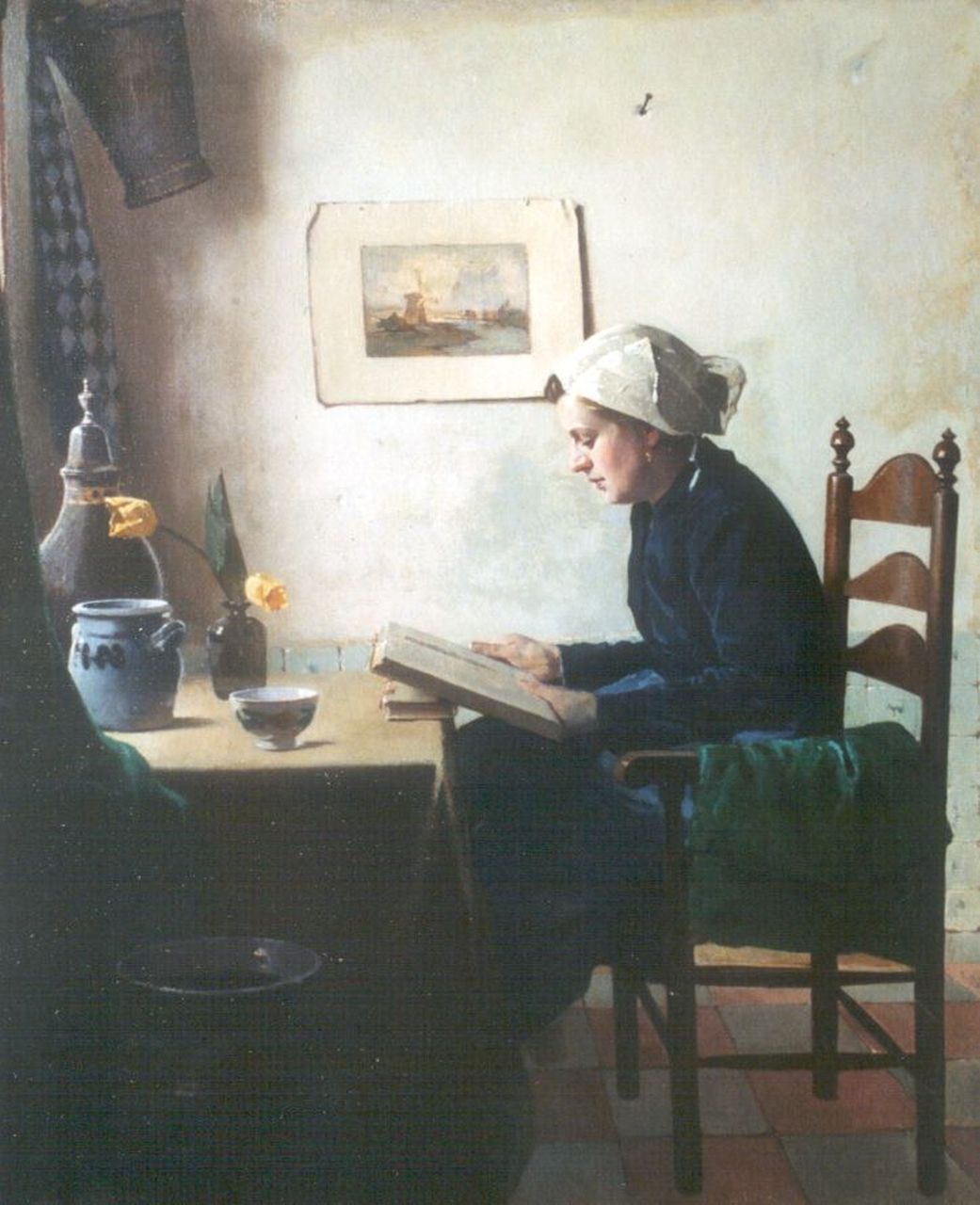 Ligtelijn E.J.  | Evert Jan Ligtelijn, Lezende vrouw aan een tafel bij het raam, olieverf op doek 60,3 x 50,0 cm, gesigneerd linksonder