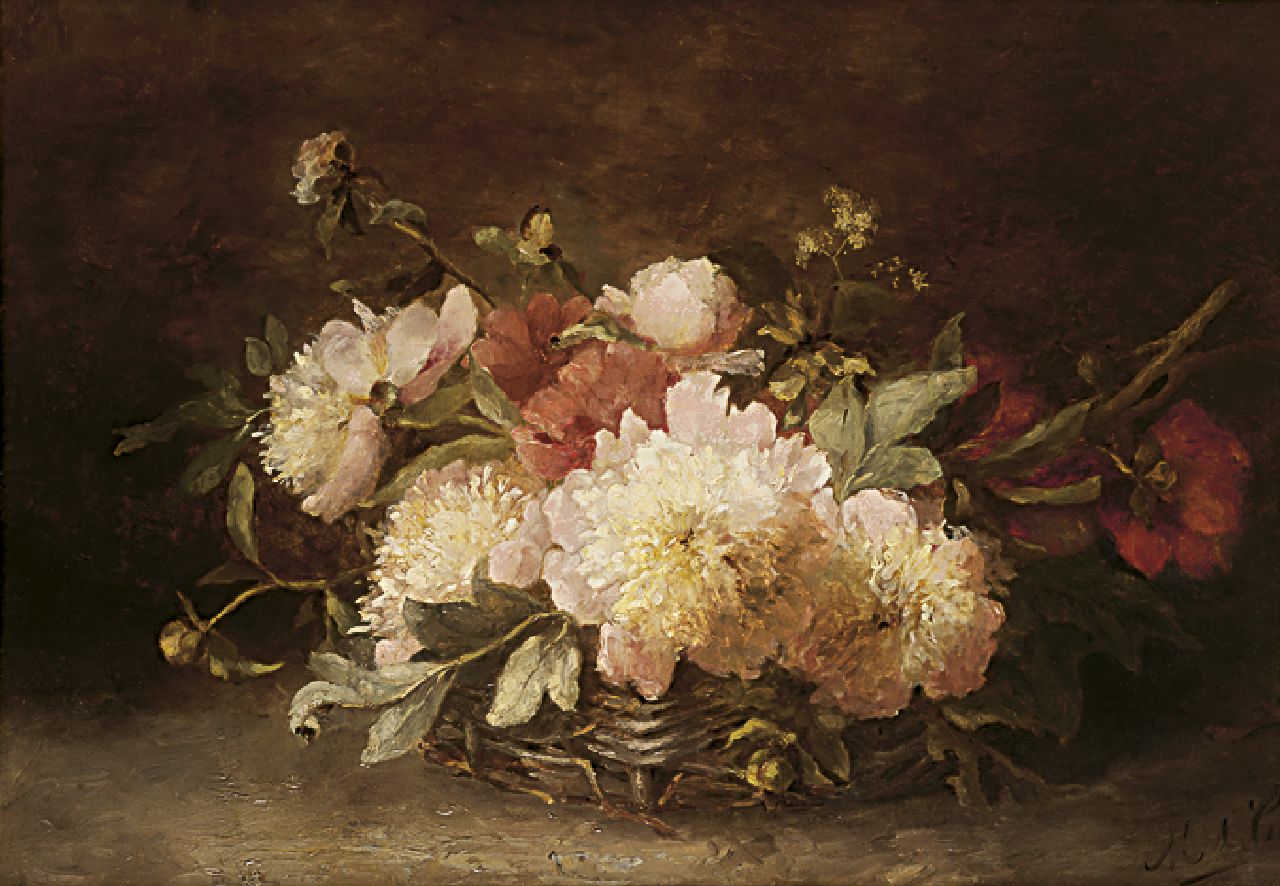 Clerq M.C. de | Marguérite Carolina de Clerq, Pioenrozen, olieverf op doek 55,7 x 79,0 cm, gesigneerd rechtsonder met initialen Clerq M.C. de | Marguérite Carolina de Clerq, Pioenrozen, olieverf op doek 55,7 x 79,0 cm, gesigneerd rechtsonder met initialen
