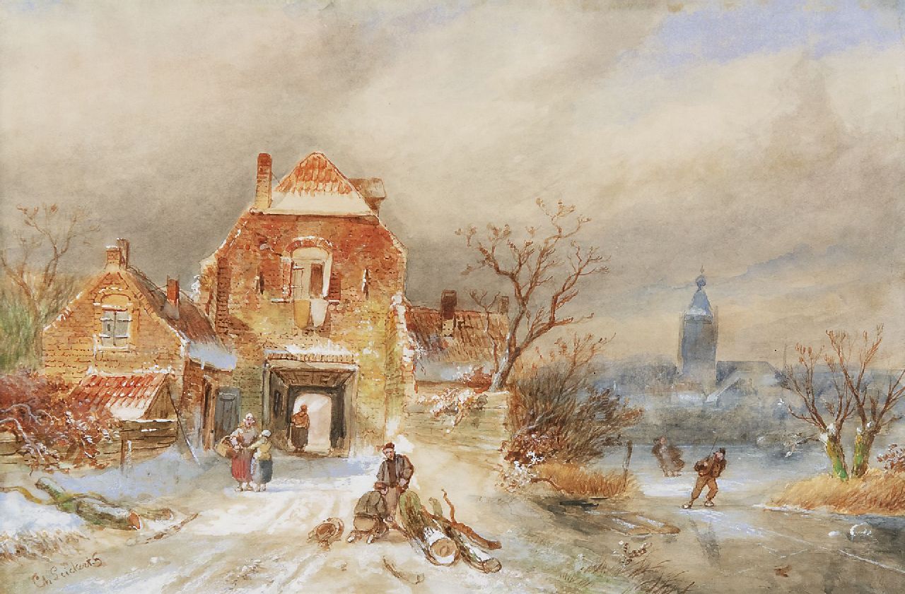 Leickert C.H.J. | 'Charles' Henri Joseph Leickert, Winters dorpsgezicht met schaatsers, aquarel op papier 23,1 x 34,8 cm, gesigneerd linksonder Leickert C.H.J. | 'Charles' Henri Joseph Leickert, Winters dorpsgezicht met schaatsers, aquarel op papier 23,1 x 34,8 cm, gesigneerd linksonder