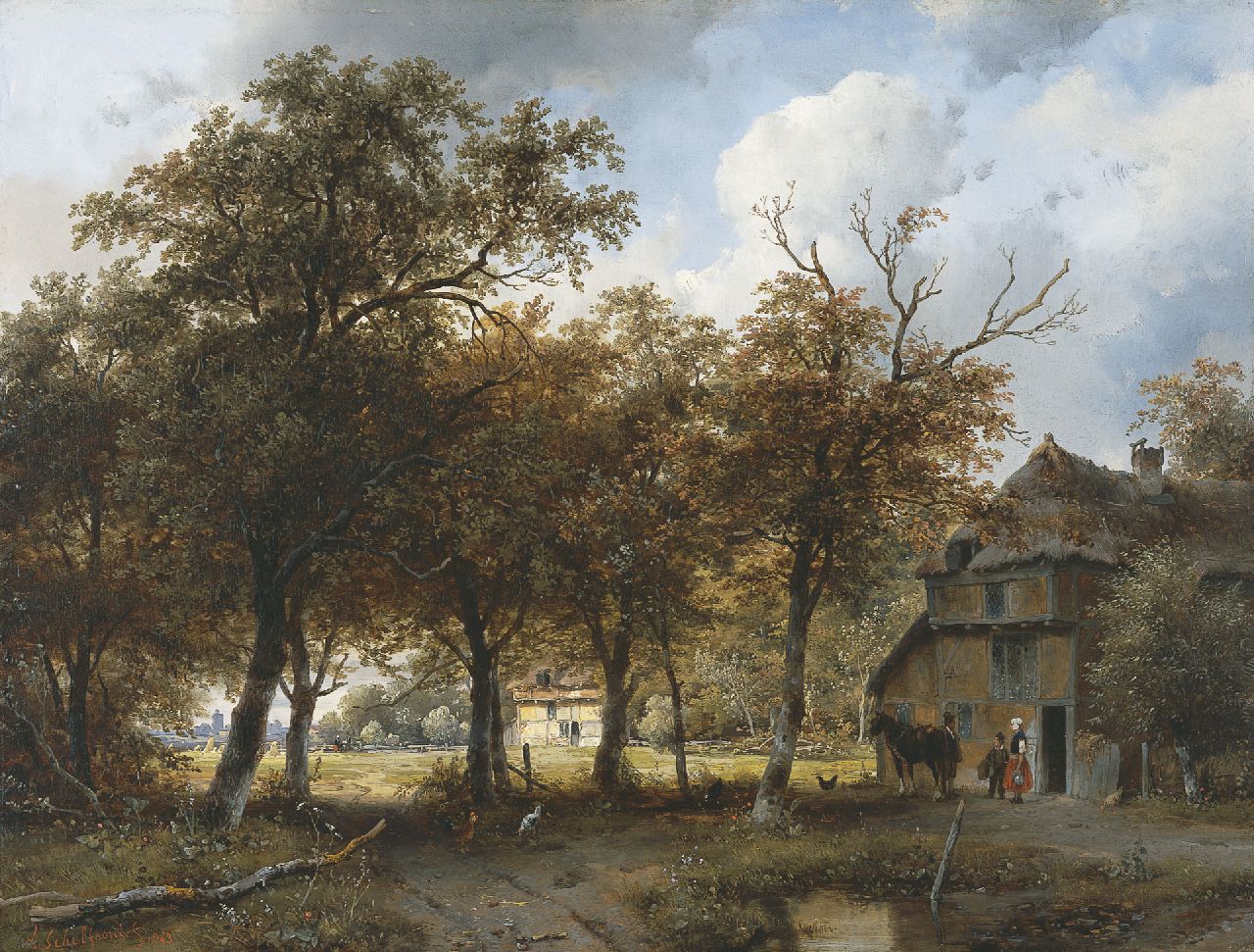 Schelfhout A. | Andreas Schelfhout, Boslandschap met boerenhuizen en een stad aan de horizon, olieverf op paneel 40,3 x 52,9 cm, gesigneerd linksonder en gedateerd 1843 Schelfhout A. | Andreas Schelfhout, Boslandschap met boerenhuizen en een stad aan de horizon, olieverf op paneel 40,3 x 52,9 cm, gesigneerd linksonder en gedateerd 1843