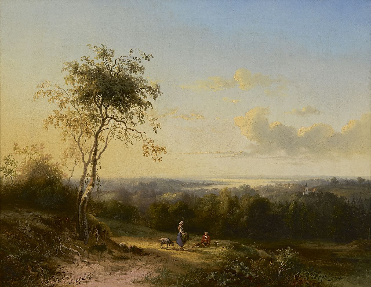 Sijpkens F.H. | Ferdinand Hendrik Sijpkens, Panoramisch landschap met herdersvolk, olieverf op doek 41,4 x 52,3 cm, gesigneerd linksonder Sijpkens F.H. | Ferdinand Hendrik Sijpkens, Panoramisch landschap met herdersvolk, olieverf op doek 41,4 x 52,3 cm, gesigneerd linksonder