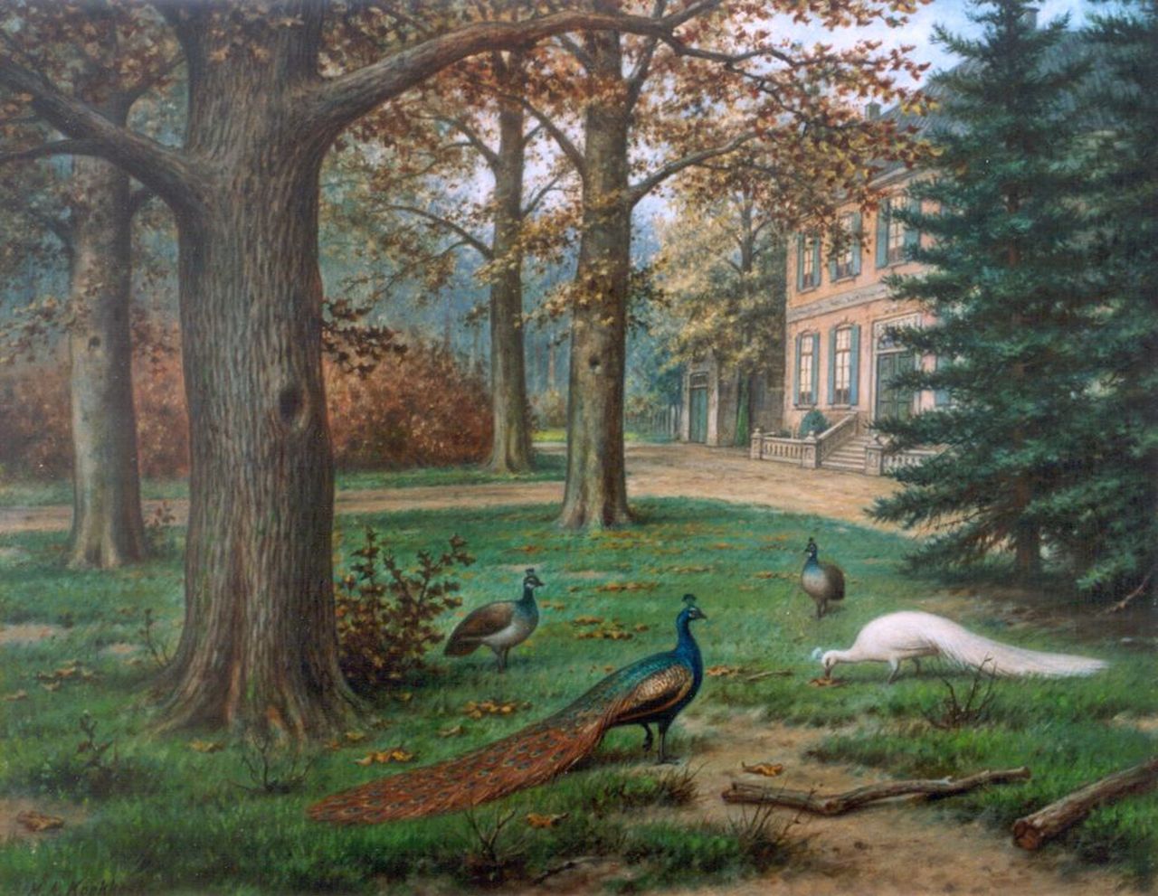 Koekkoek II M.A.  | Marinus Adrianus Koekkoek II, Pauwen in de tuin van een buitenplaats, olieverf op doek 40,2 x 50,5 cm, gesigneerd linksonder