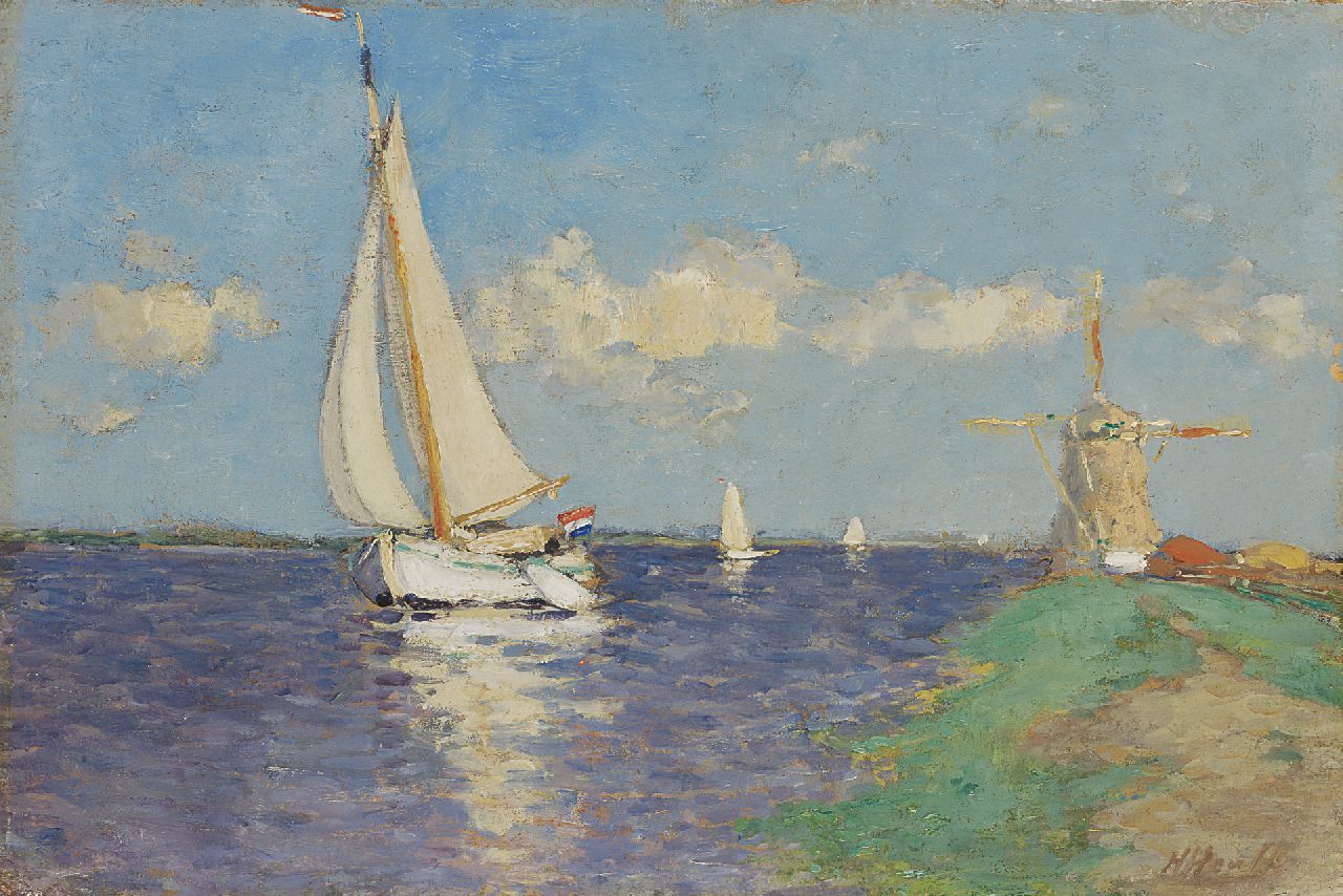 Heuff H.D. | 'Herman' Davinus Heuff, Zeilboten op een poldervaart, olieverf op board 23,1 x 34,6 cm, gesigneerd rechtsonder Heuff H.D. | 'Herman' Davinus Heuff, Zeilboten op een poldervaart, olieverf op board 23,1 x 34,6 cm, gesigneerd rechtsonder