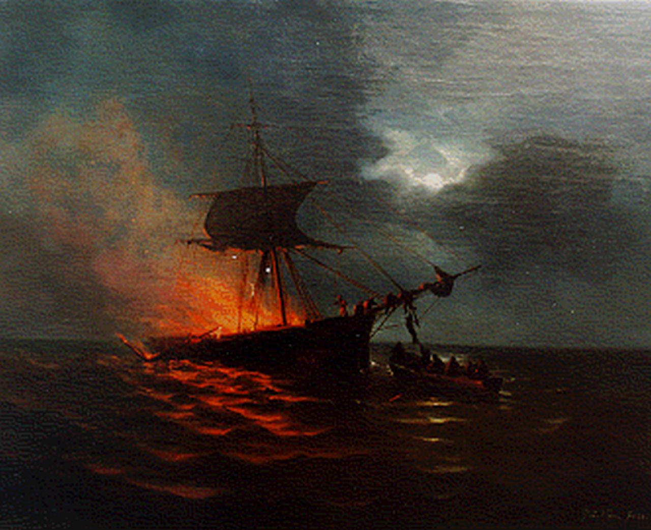 Kiers G.L. | George Lourens Kiers, Brandend schip, olieverf op doek 46,7 x 57,3 cm, gesigneerd rechtsonder en gedateerd '68 Kiers G.L. | George Lourens Kiers, Brandend schip, olieverf op doek 46,7 x 57,3 cm, gesigneerd rechtsonder en gedateerd '68