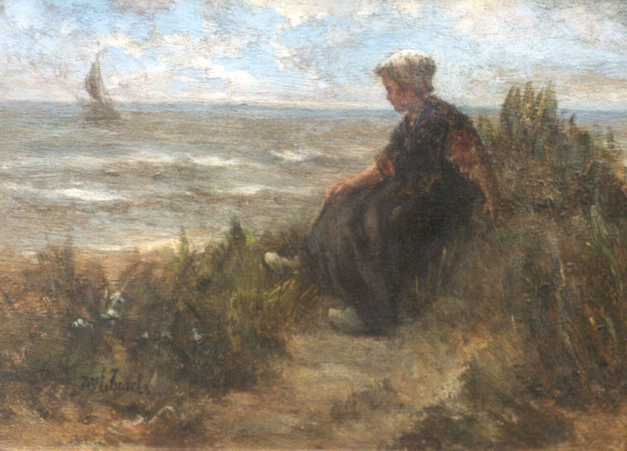 Israëls J. | Jozef Israëls, Vissersmeisje op een duintop, olieverf op paneel 24,3 x 33,2 cm, gesigneerd linksonder Israëls J. | Jozef Israëls, Vissersmeisje op een duintop, olieverf op paneel 24,3 x 33,2 cm, gesigneerd linksonder