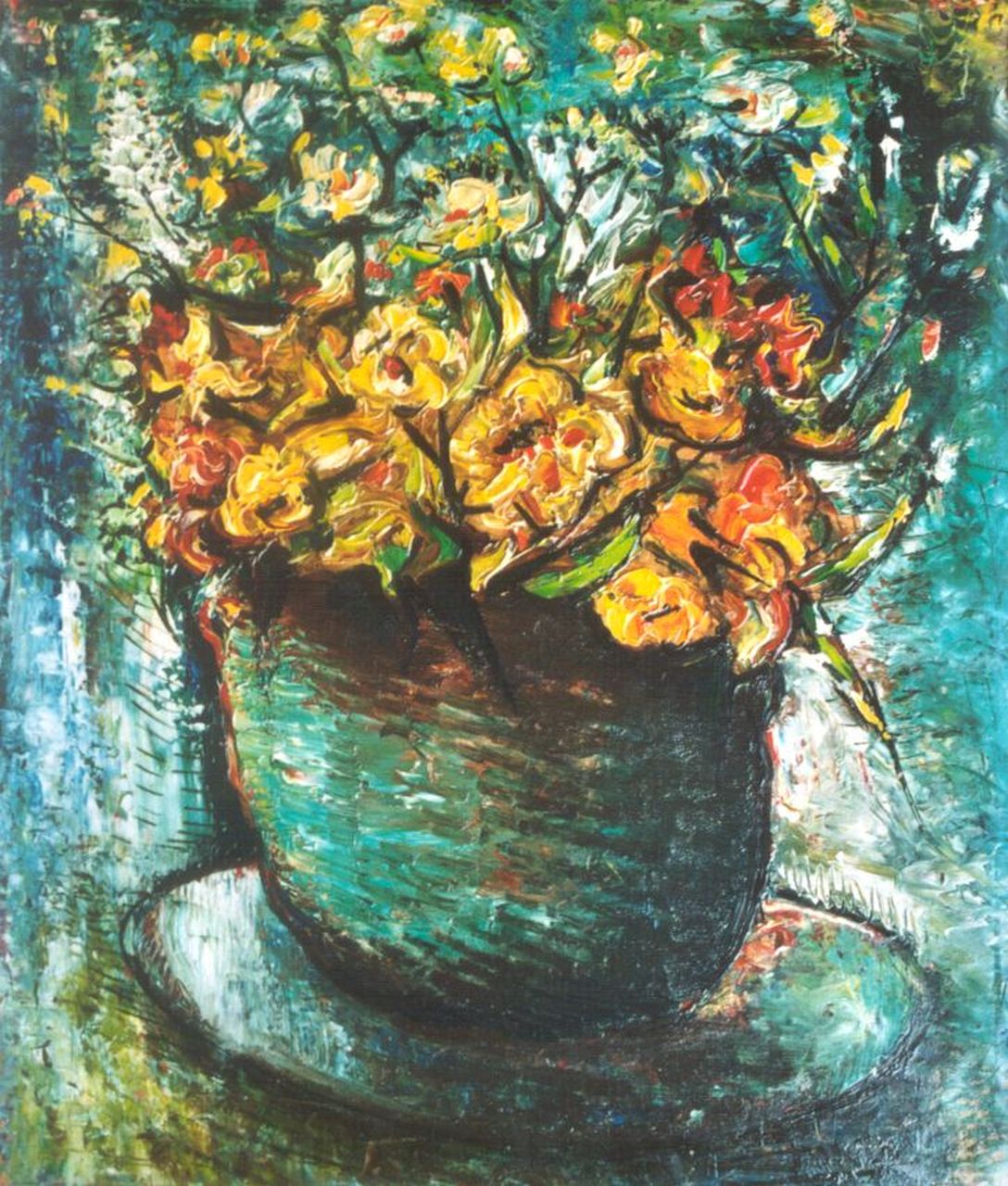 Mels J.W.A.A.M. | Jacobus Wilhelmus Aloijsius Adrianus Maria Mels, Bloemen in aardewerken pot, olieverf op schildersboard 34,9 x 29,7 cm, gesigneerd rechtsonder Mels J.W.A.A.M. | Jacobus Wilhelmus Aloijsius Adrianus Maria Mels, Bloemen in aardewerken pot, olieverf op schildersboard 34,9 x 29,7 cm, gesigneerd rechtsonder