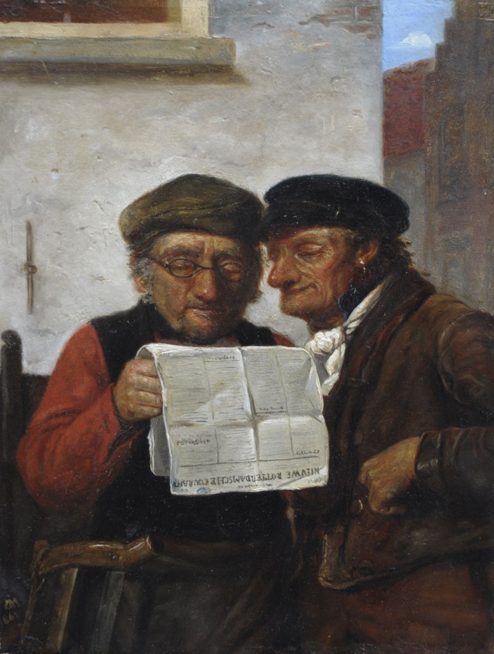 Muslij C.J.A.  | Christianus Johannes Antonius Muslij, Een interessant artikel in de Nieuwe Rotterdamsche Courant, olieverf op paneel 36,2 x 27,2 cm, gesigneerd linksonder met monogram en gedateerd '862 [1862]