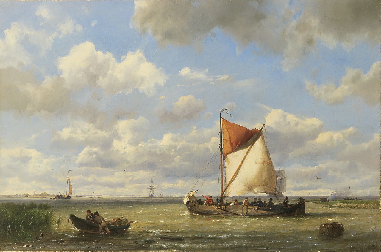 Koekkoek H. | Hermanus Koekkoek, Veerschuit in een lichte bries, olieverf op doek 33,0 x 49,5 cm, gesigneerd rechtsonder en gedateerd 1863 Koekkoek H. | Hermanus Koekkoek, Veerschuit in een lichte bries, olieverf op doek 33,0 x 49,5 cm, gesigneerd rechtsonder en gedateerd 1863