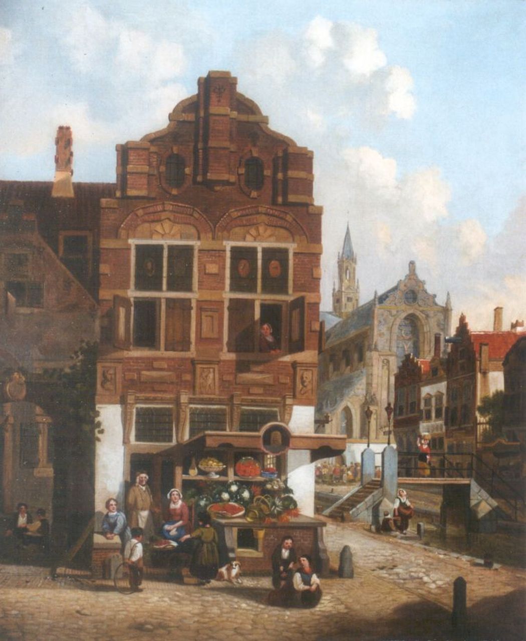 Verheijen J.H.  | Jan Hendrik Verheijen, Figuren bij een groentekraam, olieverf op doek 64,6 x 54,2 cm